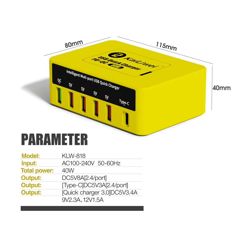 KAILIWEI-Carregador Inteligente Multi-Porta, Display LED, 5V, USB, Sem Fio, Carregamento Rápido, Desktop Station, KLW-818