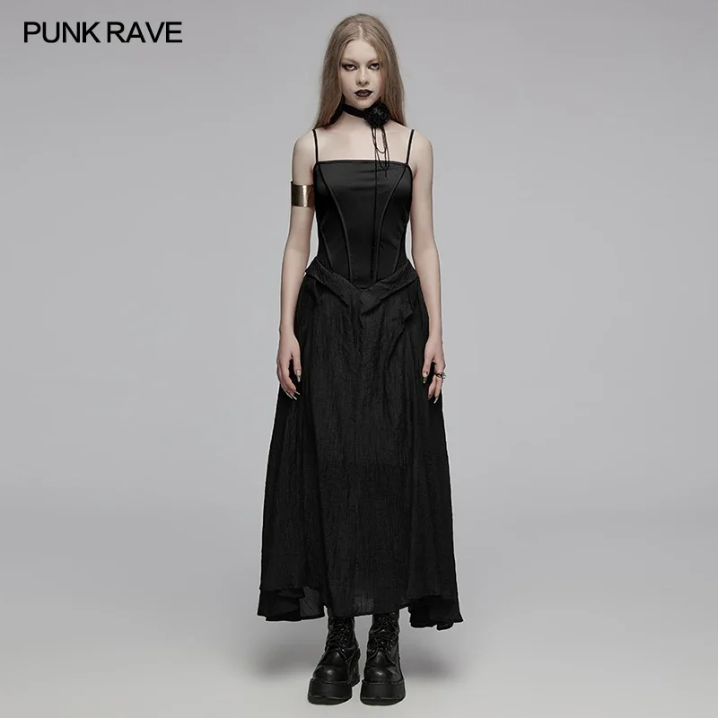 

PUNK RAVE Women's Daily Diagonal Texture Tencel Long Slip Dress Gothic 3D Cut Casual Lazy Feel Club Balck