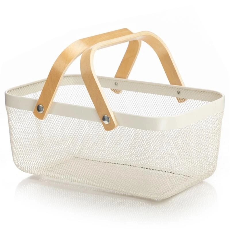 

367A Metal Mesh Fruit Basket Bin with Double Wooden Handle Kitchen Storage