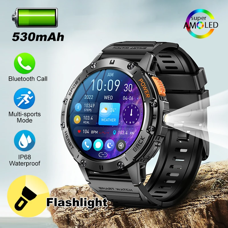 

1.43" AMOLED Screen Bluetooth Call LED Flashlight 530mAh Outdoor Men Smart Watch Sports Health Monitor For Android IOS