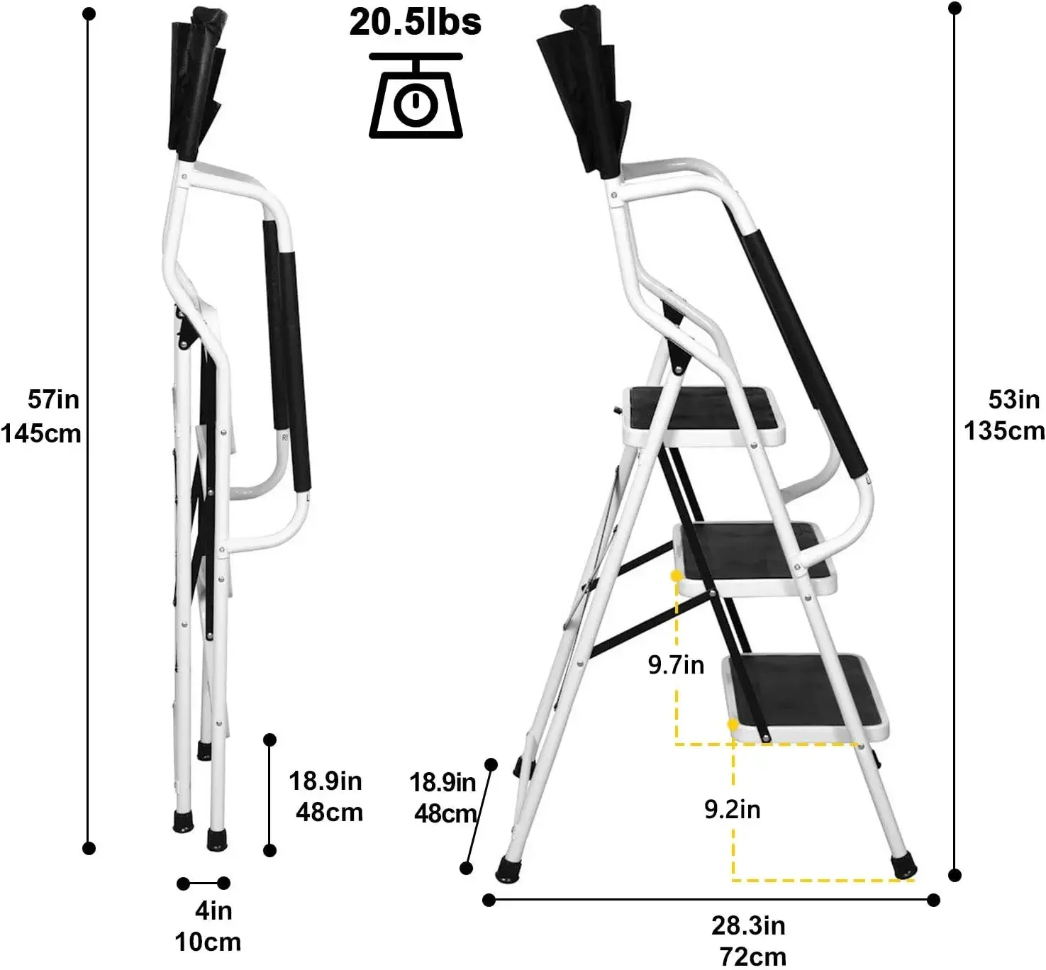 3 Step Ladder with Handrails 500 lb Capacity Step Stool Folding Ladders for Home Kitchen Steel Frame with Safety Side Handrails