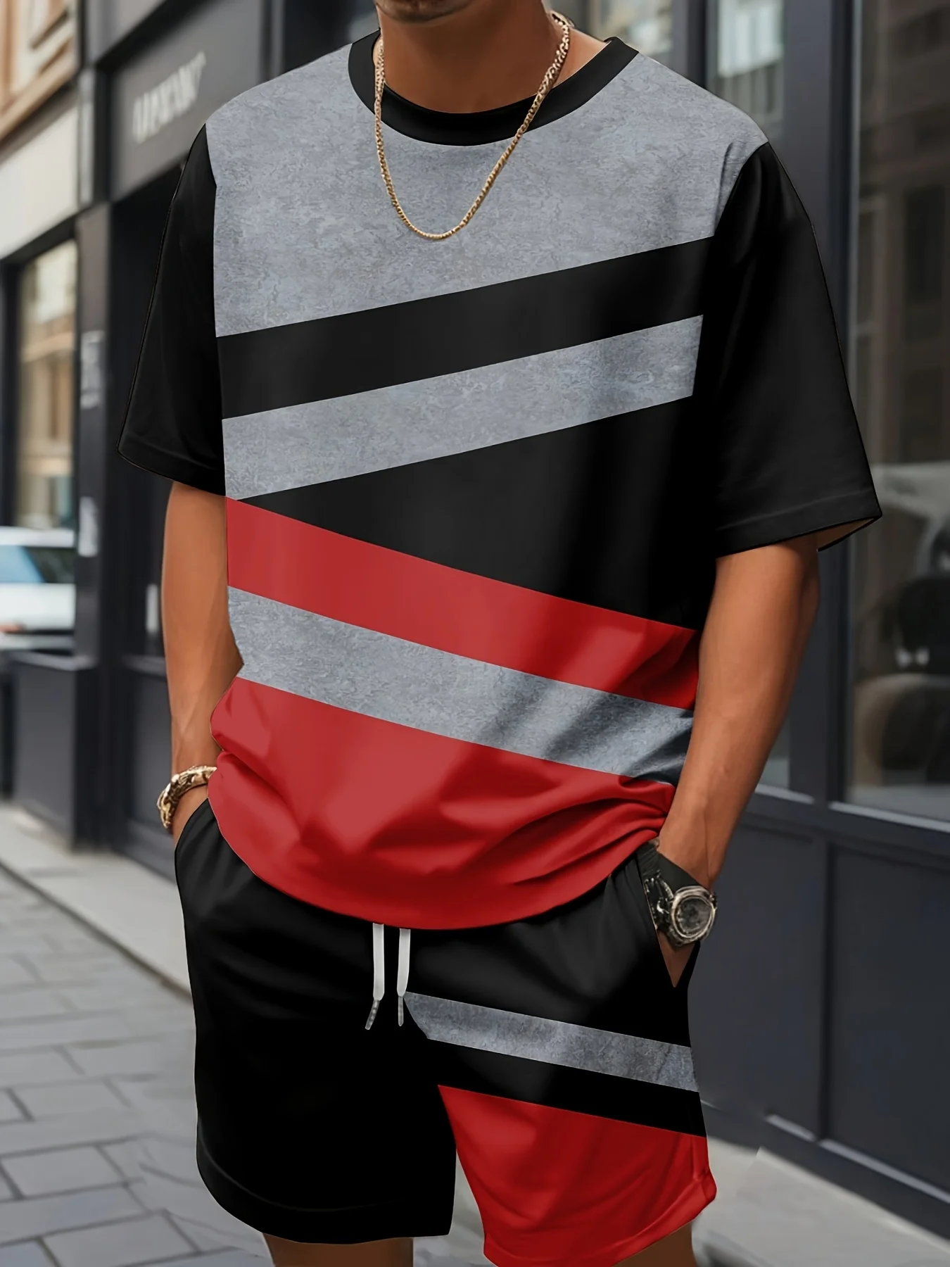 

Новое летнее поступление, мужской комплект с лоскутным принтом, мужская быстросохнущая спортивная футболка с короткими рукавами и шорты на шнурке, комплект из двух предметов