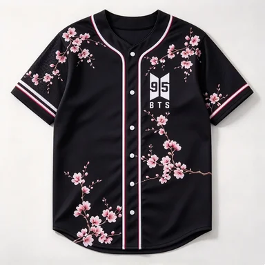 Kpop BTS95 Logo Floral Print Baseball Jersey Breathable Black Mesh Cherry Blossom Pattern Fan Casual Loose Clothing