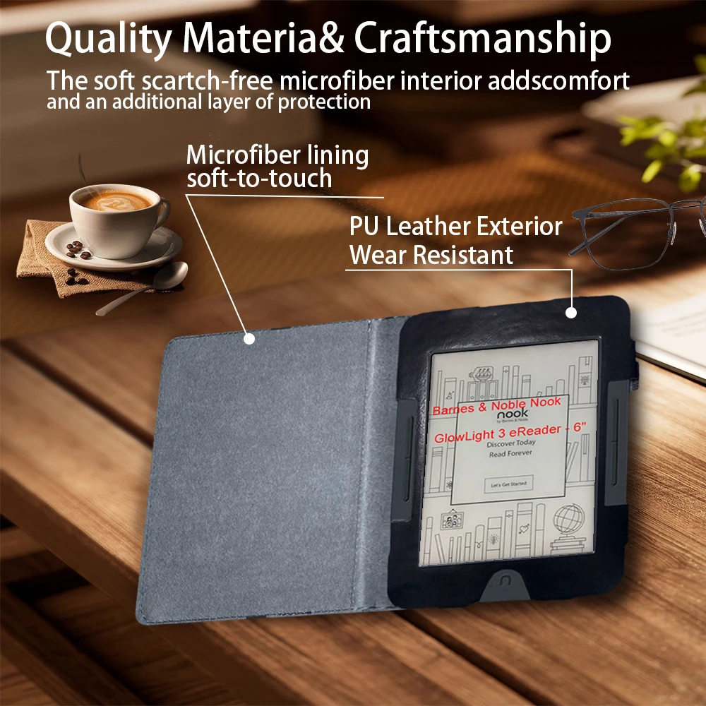 Folio Leather Funda Cover For Barnes & Noble Nook GlowLight 3 eReader - 6