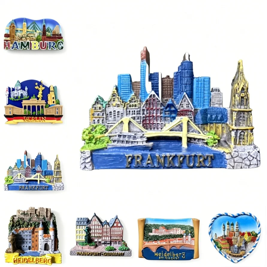 German City Resin Fridge Magnet Set Munich Heidelberg Berlin Hamburg Travel Souvenir