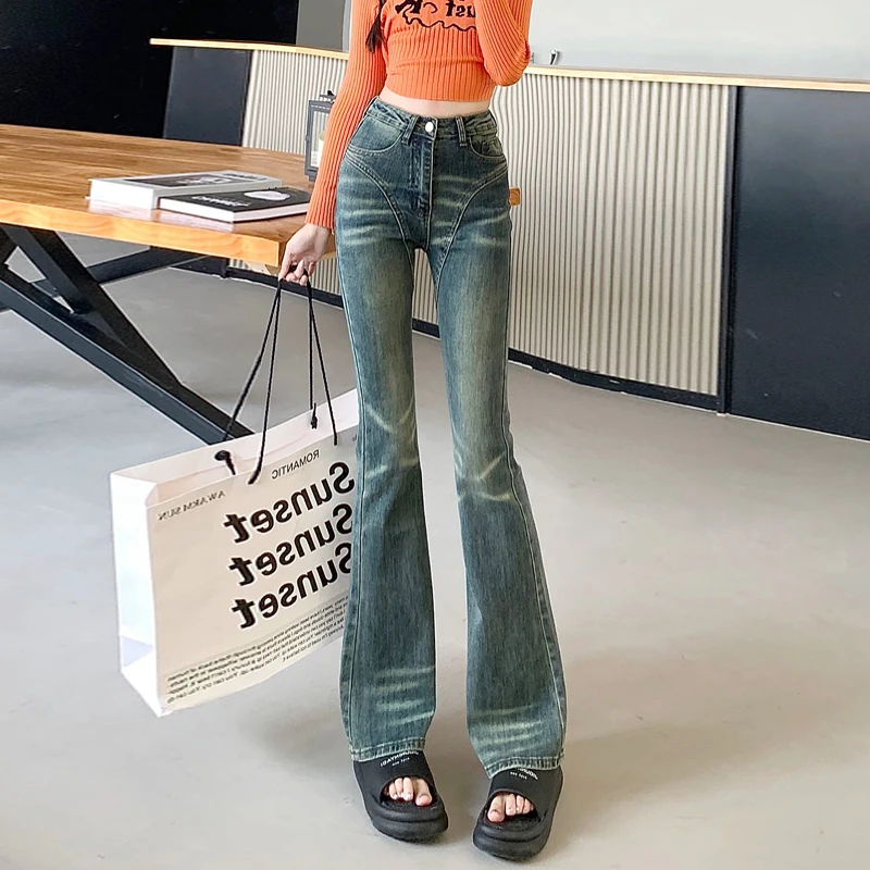 

High Street Vintage Denim Flare Pants Womens Pantalones De Mujer 2023 Fashion Street Y2K Jeans Boot Cut Female Horseshoe Pants