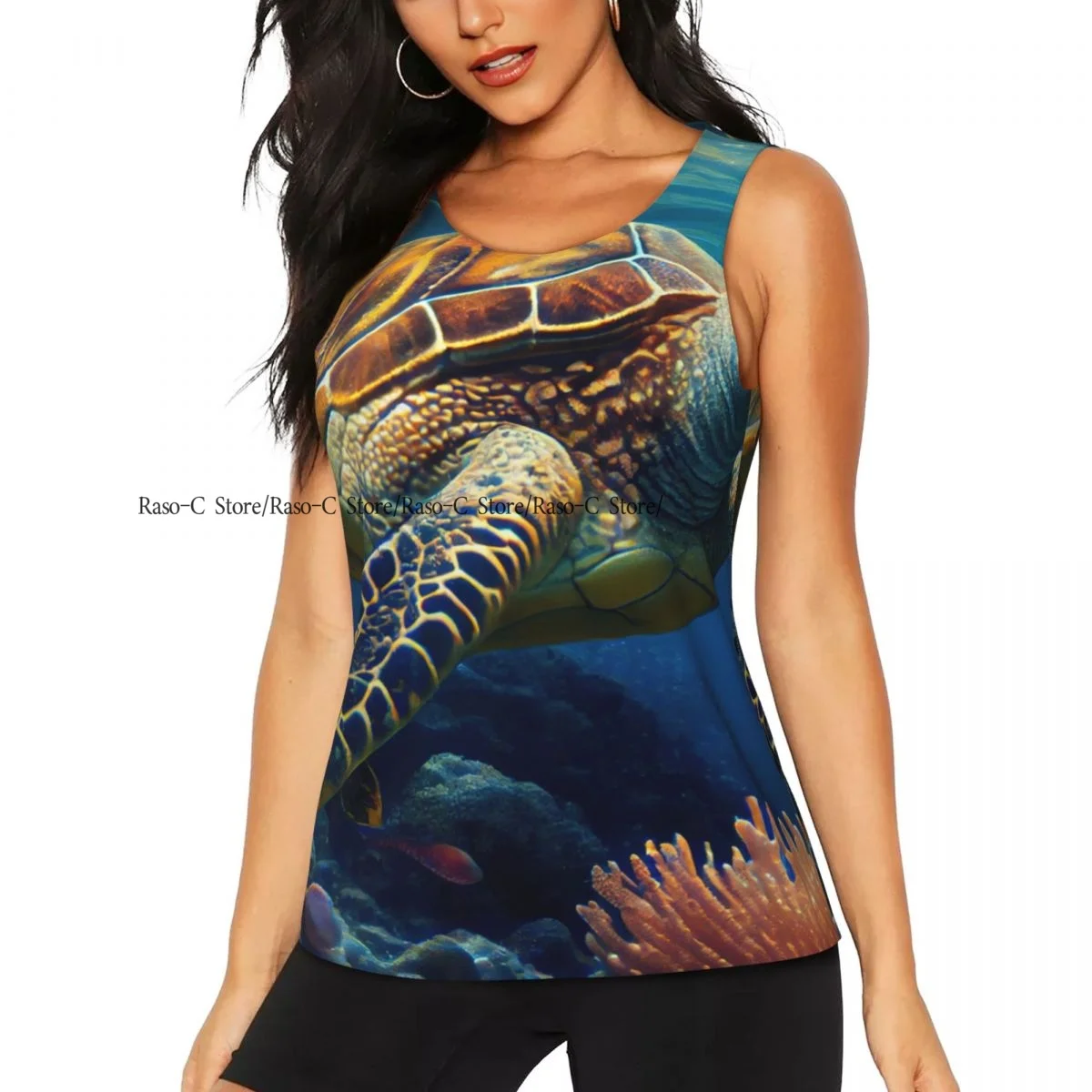 Women Sexy Vest Sea Turtle Water Sleeveless Round Neck Tank Tops Female Casual Basic Camisole