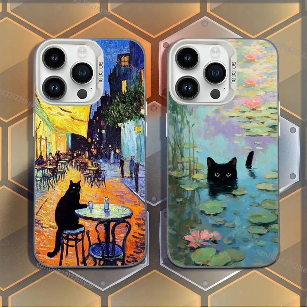 

Funny Art Matisse Monet Black Cat Phone Case For iPhone 17,16,15,14,13,12,11,Mini,Pro,E,MAX White Candy Matte Shockproof Cover