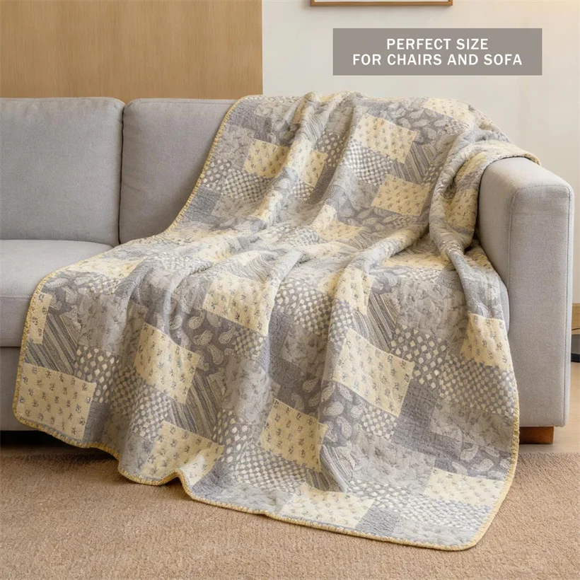 Reversible 100% Cotton Gauze Muslin Blanket Summer Quilt, Three Layer Pure Cotton Throw Blankets, Cooling Lightweight Soft Quilt
