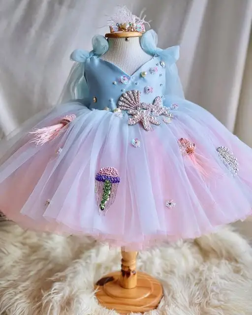 Gorgeous girl birthday party dress new sky blue Lolita girl fluffy yarn skirt foreign style special girl beauty pageant dress