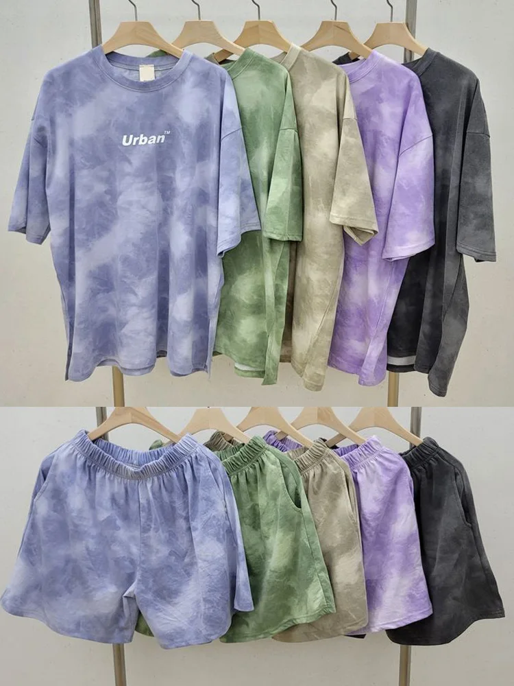 Damski zestaw szortów T-Shirt Casual Tie Dye Luźny tshirt i szerokie nogawki środkowe szorty z kieszeniami damskie Miękkie letnie szorty Zestawy