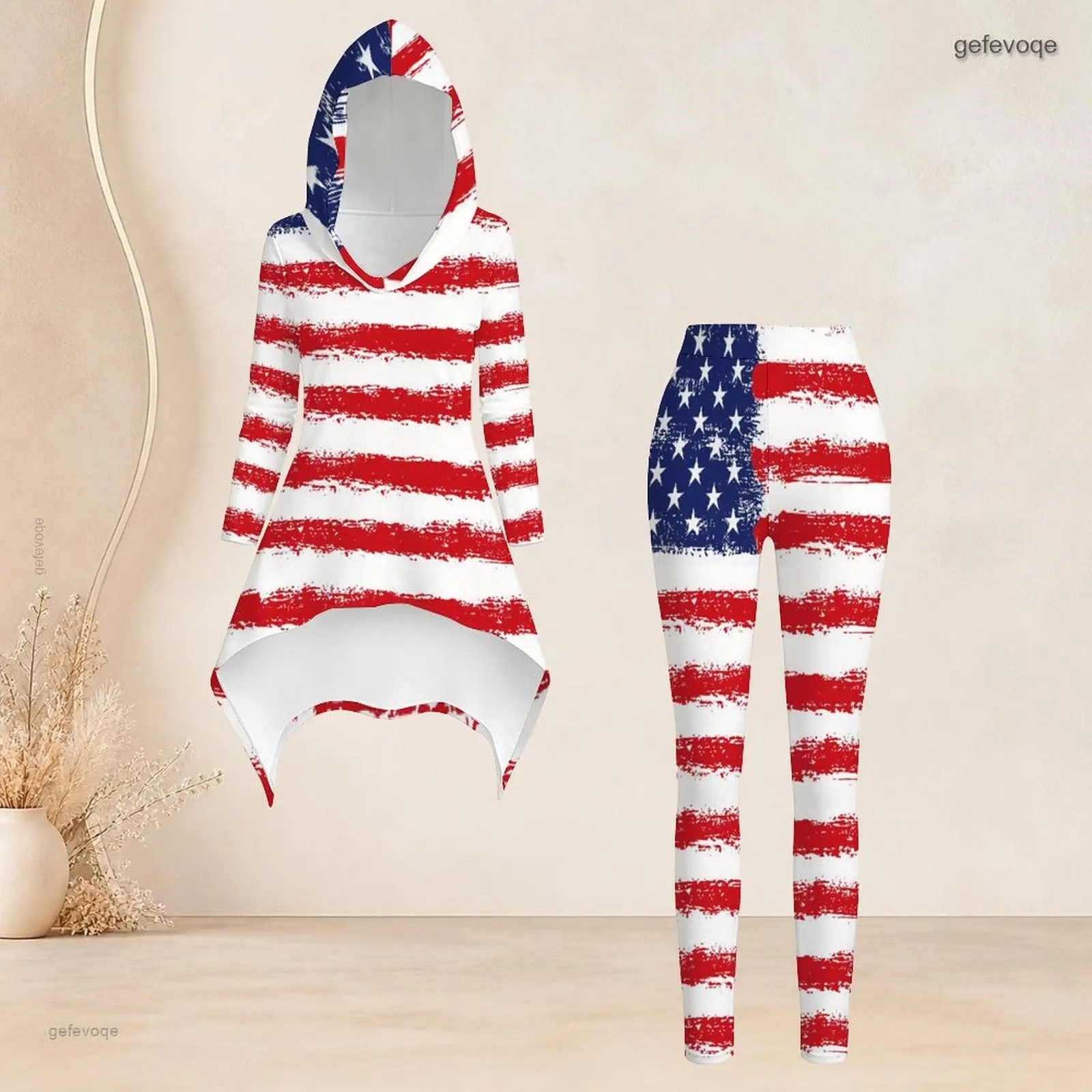 Women Gold White Butterfly Printed Hooded Long Sleeve High Low Top And Fitted Pants Two Piece Set