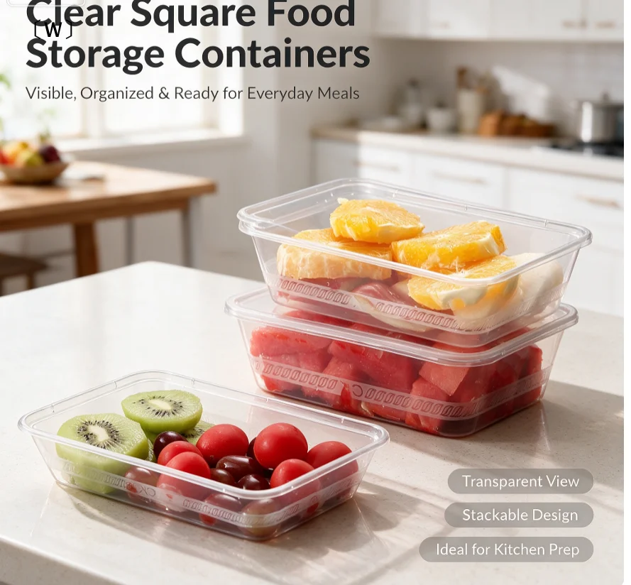 〔W〕5Pcs Disposable Plastic Bowl Rectangular Round Takeout Food Container Transparent Thick Wall Lunch Tableware