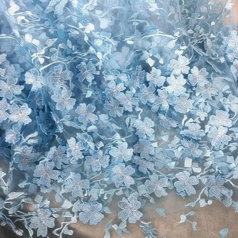 

High quality 3D flower embroidery lace fabric blue Flower tulle fabric For Girl Dress Tutu Dress Wedding Dress Bridal Veil