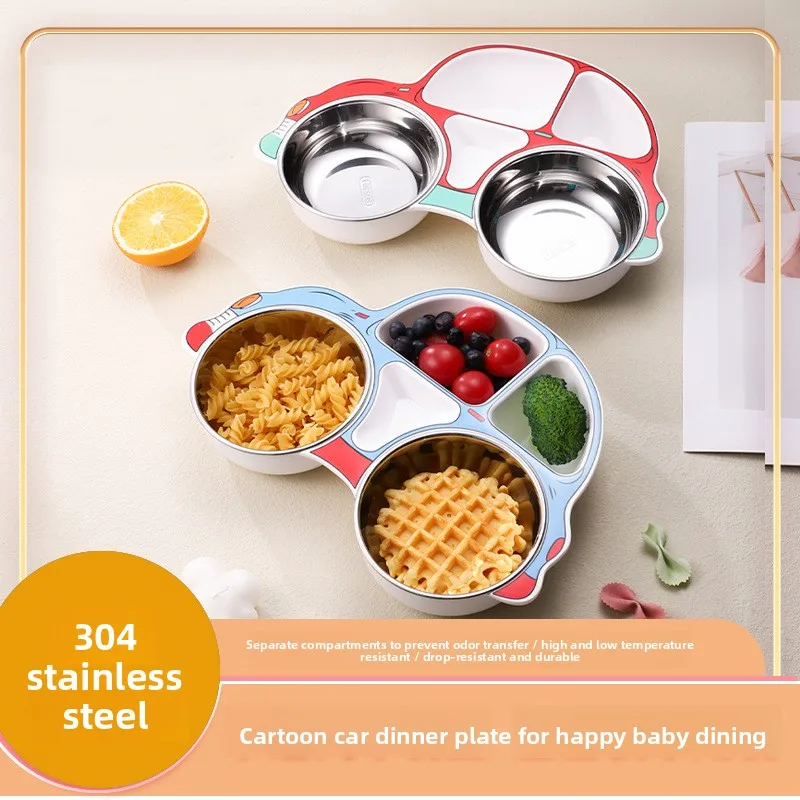 

Stainless Steel Detachable Divided Baby Food Tray Practical Car-Patterned Tray Resists Shattering Lightweight Baby Tableware Set