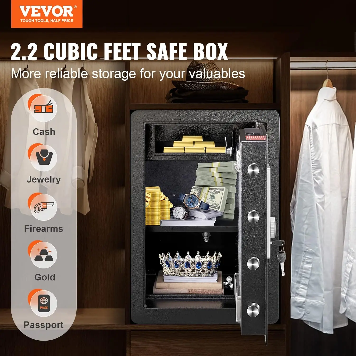 Steel Security Safe - 2.2 Cubic Feet, Fingerprint & Digital Keypad Lock, Fire-proof Bag, Protect Cash, Gold, Jewelry, Documents