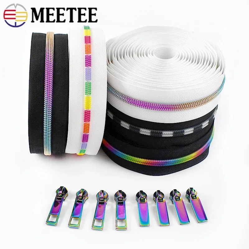 5Meters 5# Rainbow Nylon Zipper Tape with Zippers Sliders Pocket Purse Sewing Zips Coil Bag Decorative Zip Puller Head Accessory