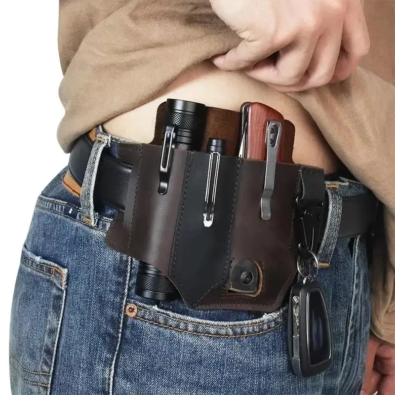1Pcs Portable Tool Organizer Leather Holster Tactical EDC Tool Holder Leather Waist Pack Knife Sheath Flashlight Keychain Holder
