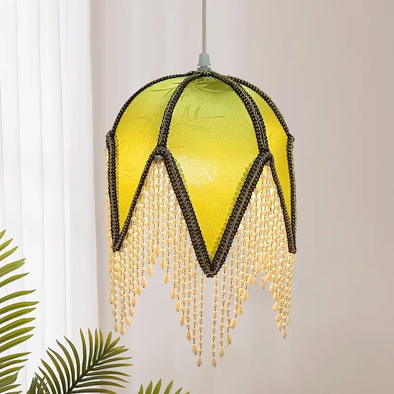 Modern Hexagonal Chandelier with Green Leaf Fabric and Pearl Accents Cream Style Pendant Light for Bedroom Dining Room Decor