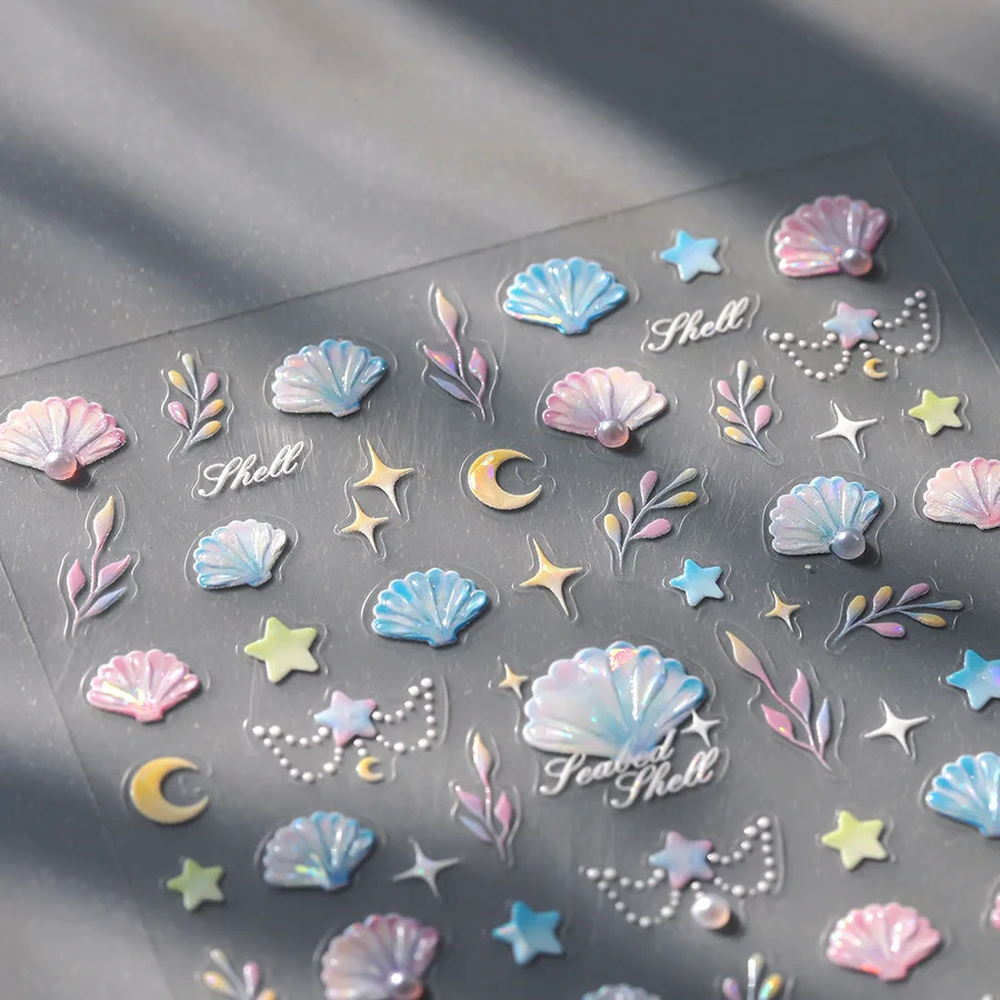 5D Ozean-Muschel-Nagelkunst-Aufkleber Bunte Perlen Stern Mond Korallen Strand Meerjungfrau See Karpfen Relief Maniküre-Abziehbilder