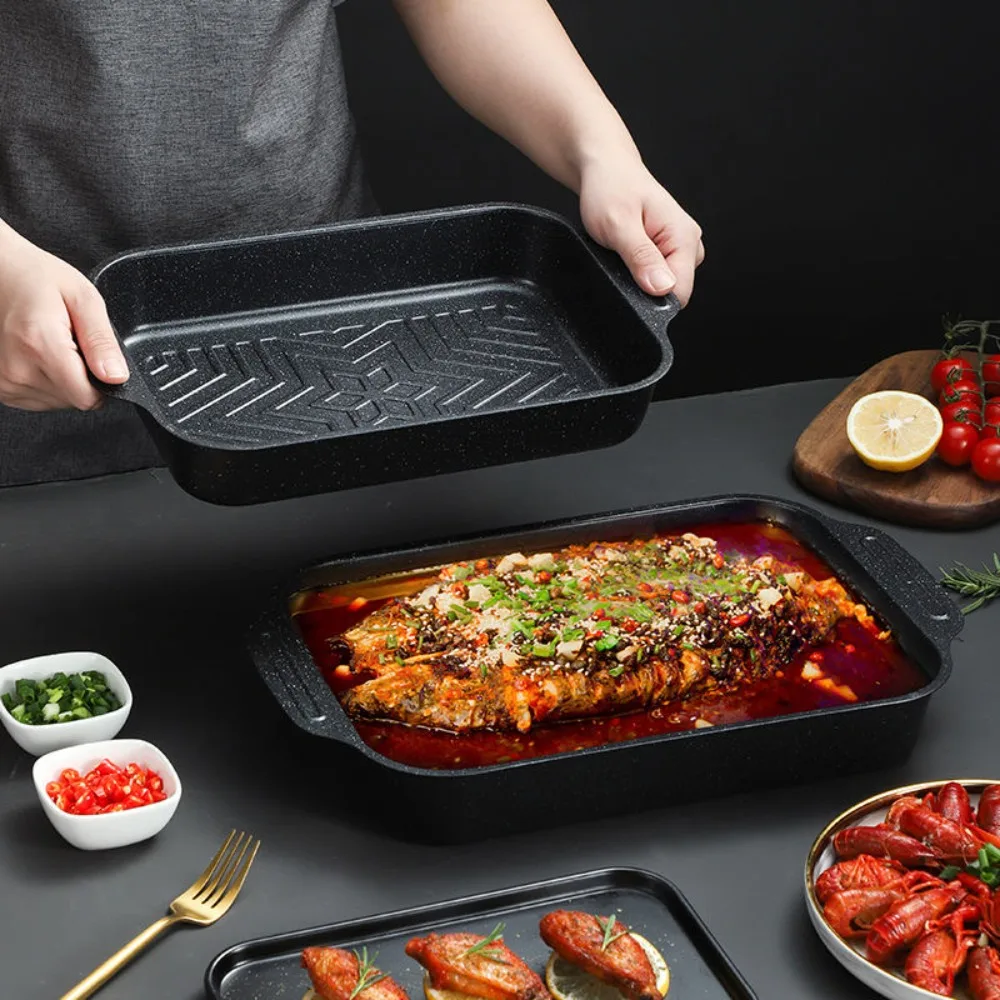 Carbon Steel Grilled Fish Tray Large Capacity Non-Stick Grilling Pan Rectangular Double Ear BBQ Serving Tray Induction Cook-top