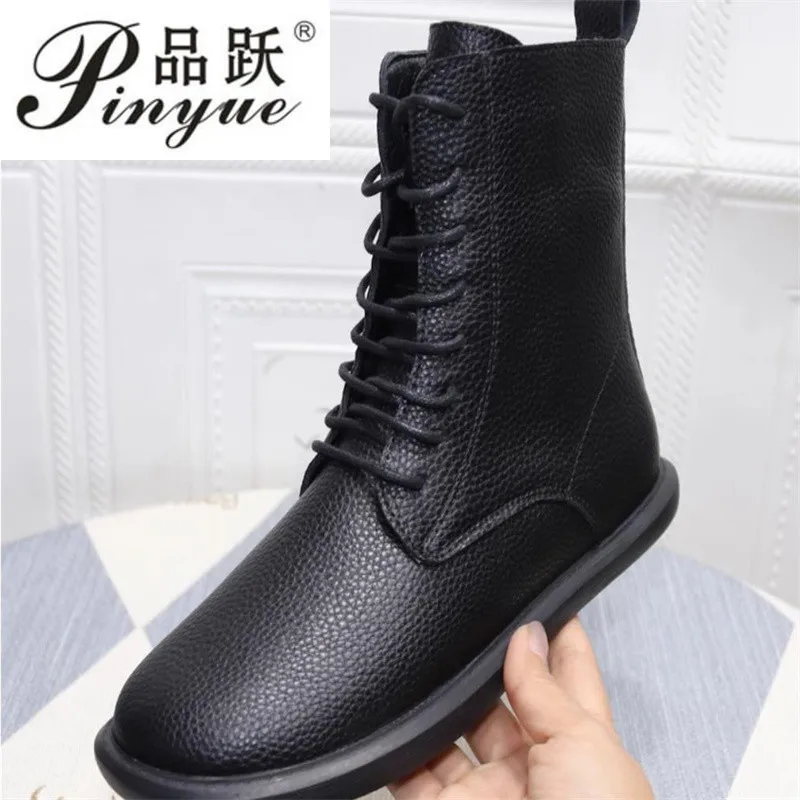 Women Fashion Genuine Leather Winter Mid-calf Boots Women Lacing Leather Boots Size 35-41 English ankle boots