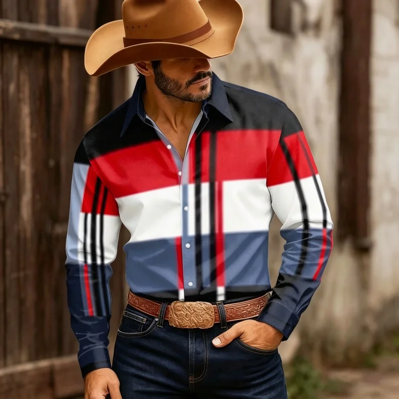 

2026 new men's shirt retro western denim shirt contrasting plaid long sleeved casual top personalized trend casual top XS-6XL