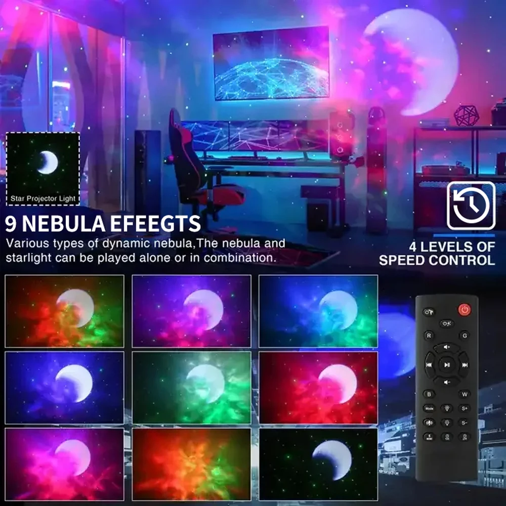 Projetor Galáxia Astronauta, Projetor Estrela, Luz Noturna com Alto-falante Bluetooth, Lâmpada Lua Nebulosa, Aurora Boreal