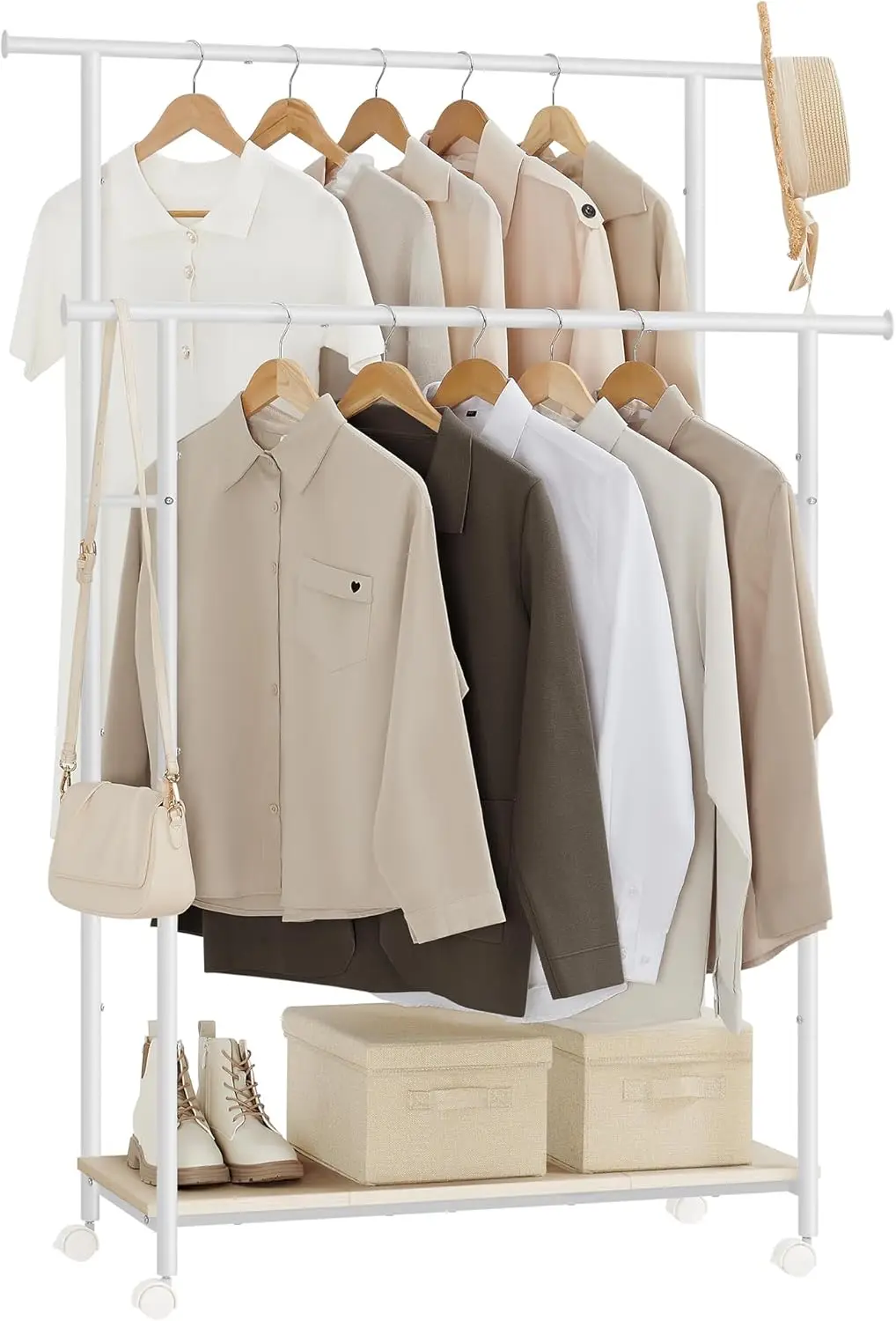 Double-Rod Clothes Rack with Wheels, 38.8" Garment Rack Shelf, 220 lb Capacity - Bedroom Closet Organizer, Rustic Brown/Ink Blac