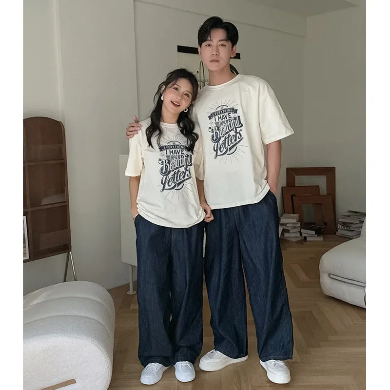 Korean Mother and Daughter Matching Tee Shirt Jeans Outfits Summer 2025 Baby Clothes Family Cotton T Shirts Father and Son