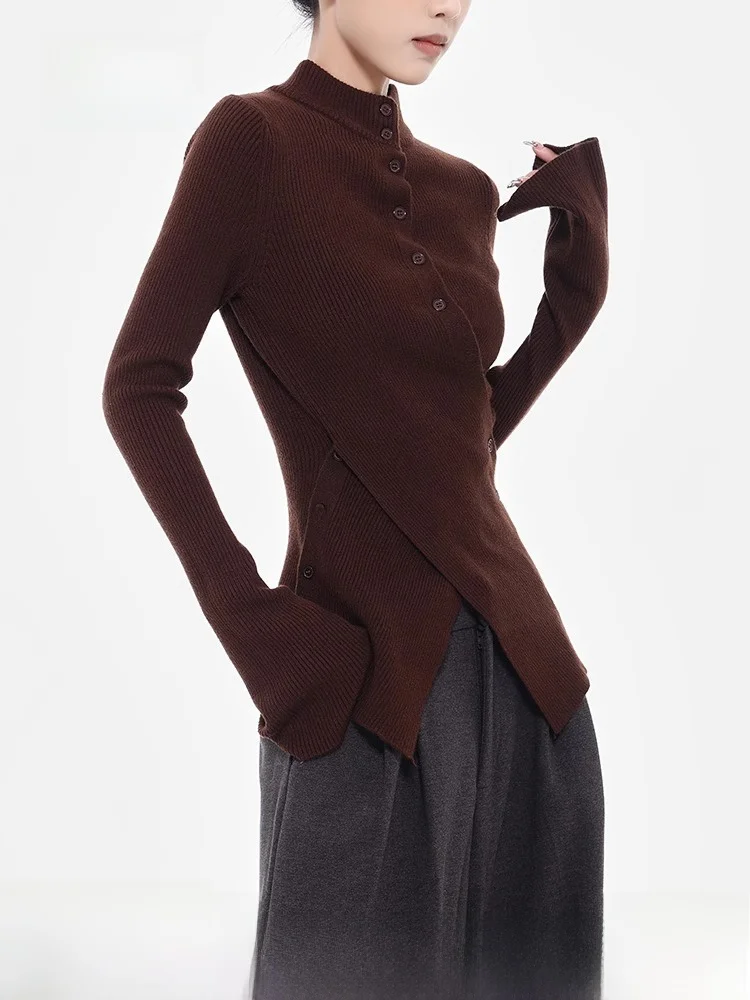 

Autumn Winter Women's Slim Fit Knitwear High Collar Irregular Long Sve Waist Cinched Top Commute Sle Color Base irt
