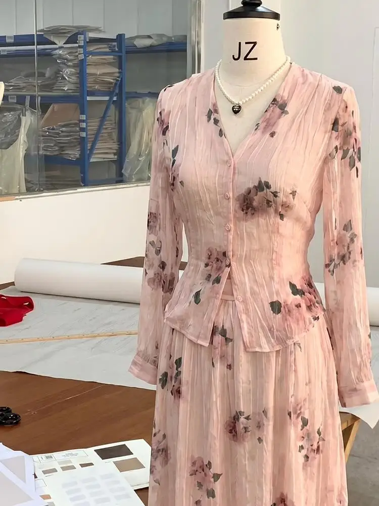 Pink Floral Print Shirt And Skirt Set Women's Thin Crepe Texture Spring Summer Fashion Two-Piece Suit Plant Flower Pattern