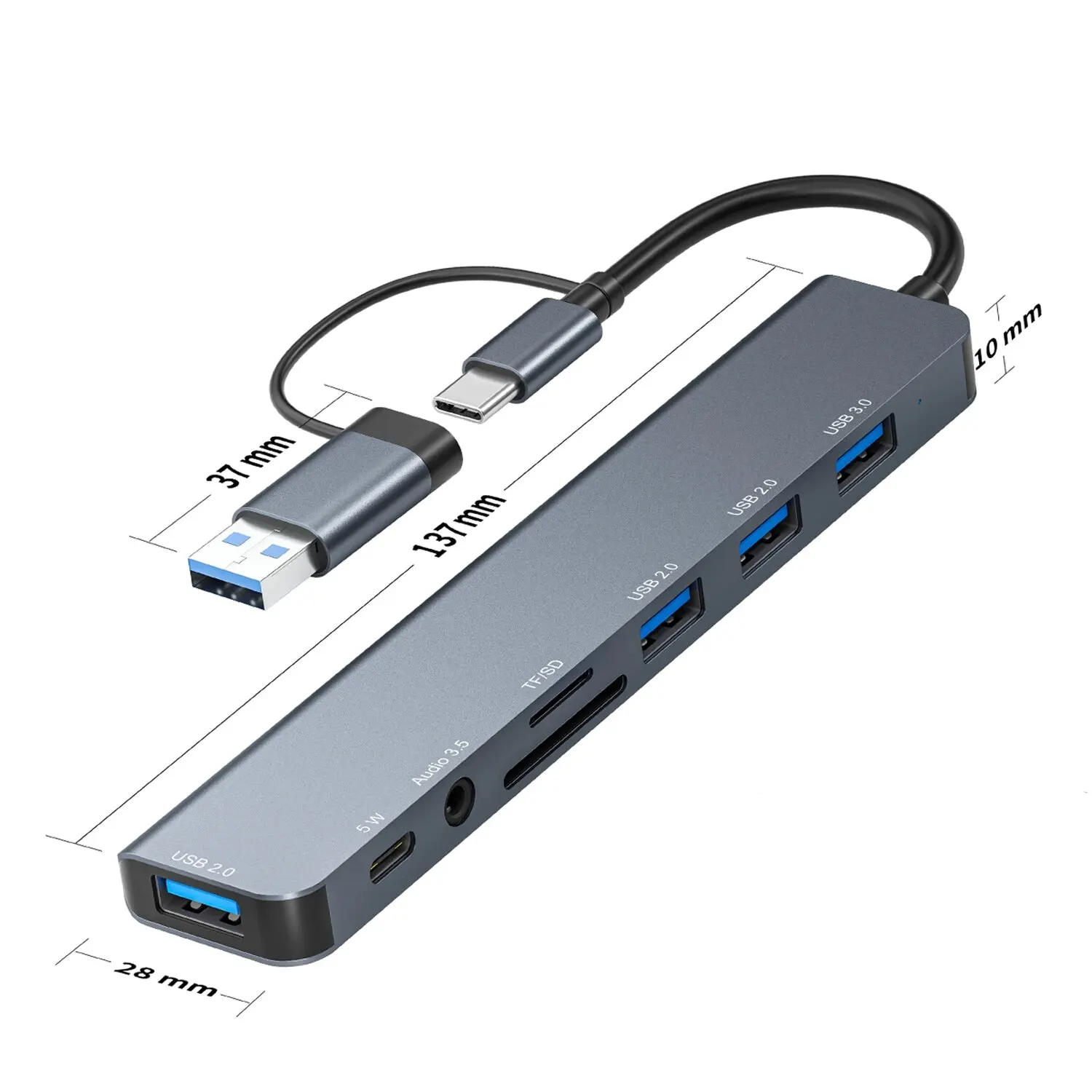 USB C Hub USB 3.0, with 1 X USB 3.0, 3 X USB 2.0 and 1 X USB C, SD/TF Card Reader, 3.5mm Aux Ports Aluminum 8 in 1 USB Splitte image 6