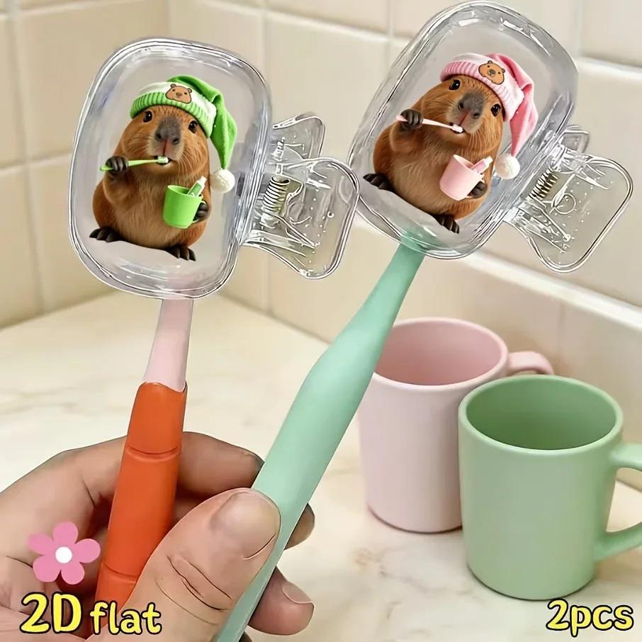 2pcs Capybara Wearing Bath Hats Brushing Teeth Toothbrush Clips Ideal for Bathroom Use Prevent Dirt Necessities Gift for Couples