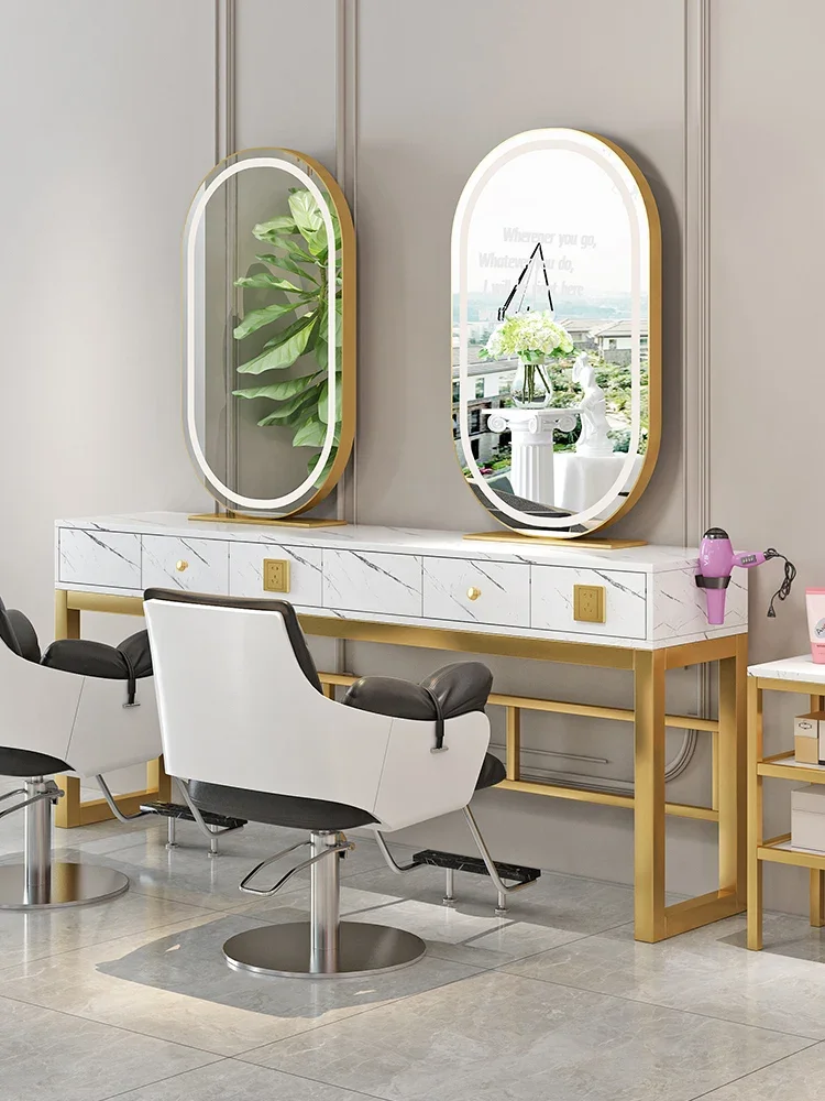 Haircut, perm and dye mirror, marble, double-sided desk and cabinet integrated.