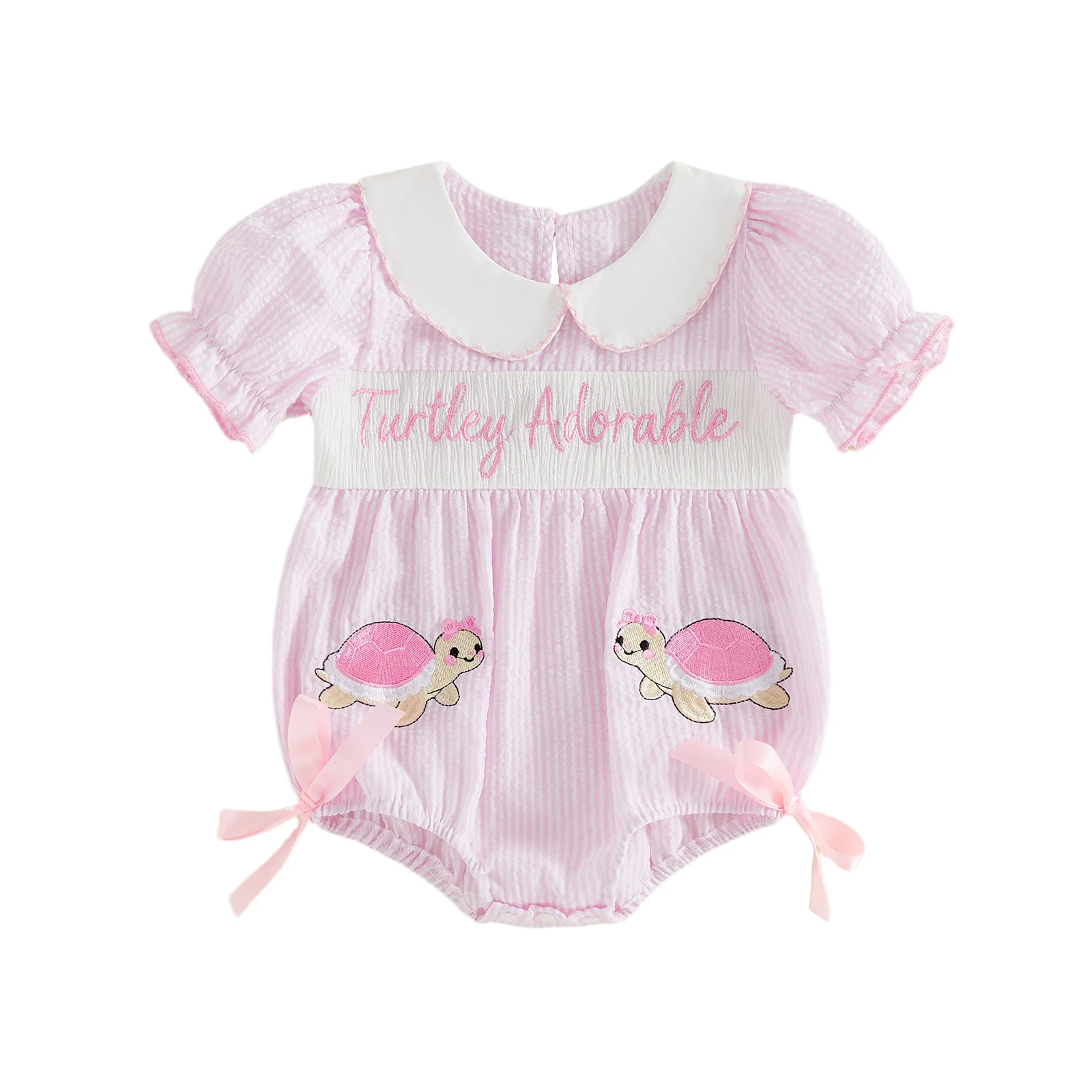 

Полосатый комбинезон-ромпер для девочек с вышивкой черепахи, воротником-куклой, короткими рукавами и бантиками, милая летняя одежда