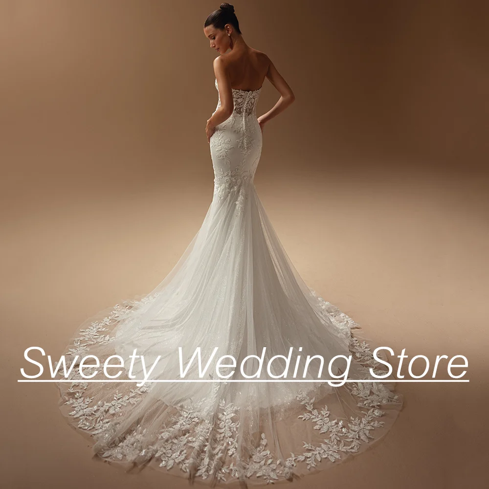 رائع حورية البحر فستان الزفاف الحبيب بلا أكمام الوهم زين بريق تول قطار المحكمة حفلات الزفاف ثوب الزفاف #2