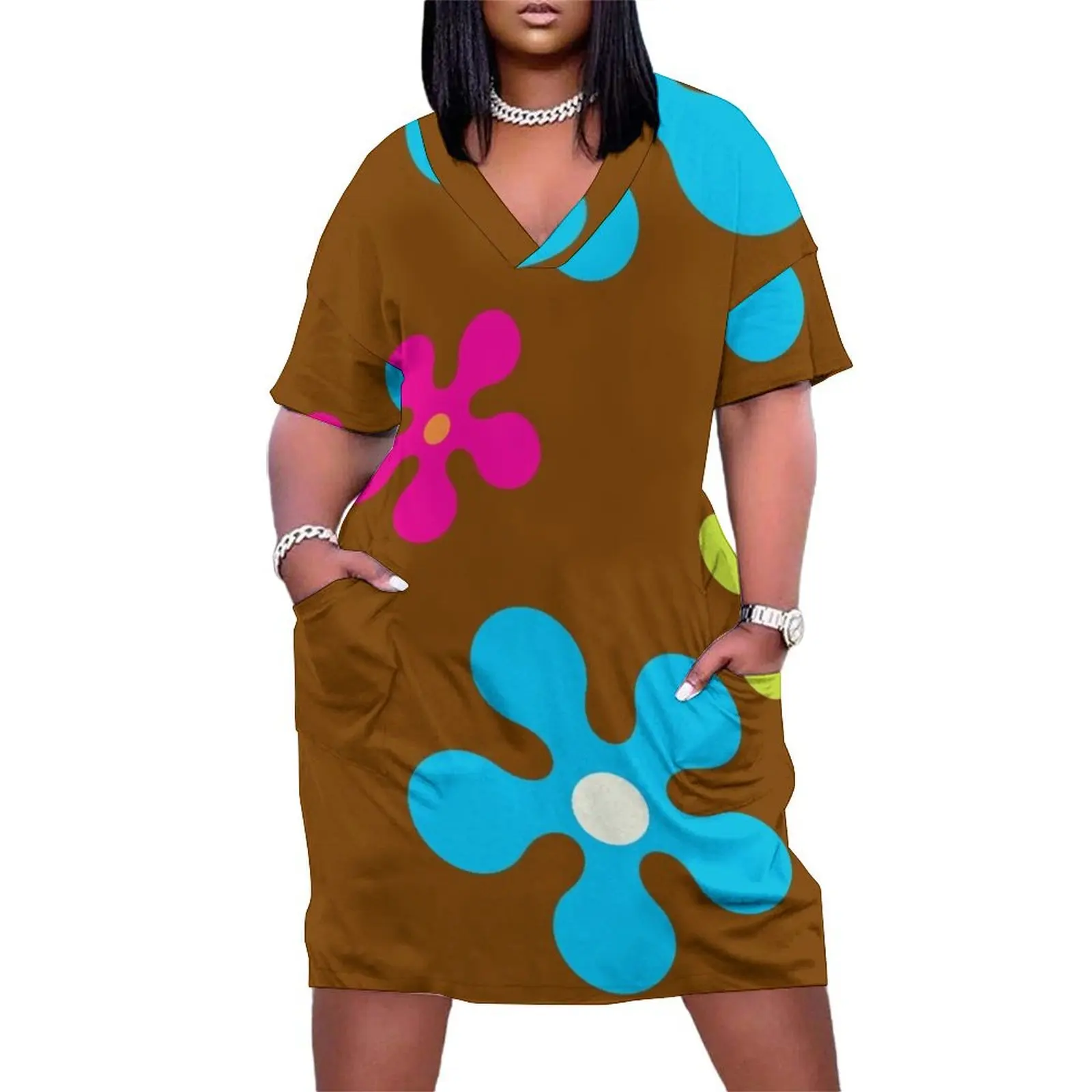 

60s Retro Sixties Vintage Hippie Groovy Flowers Brown Chocolate Loose Pocket Dress clothing women summer 2025 prom clothes