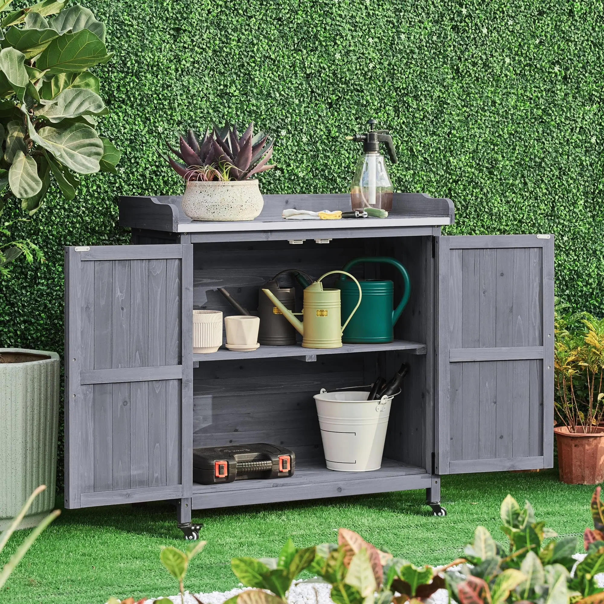 Potting Bench for Outside with Storage Cabinet & Metal Top,Brown