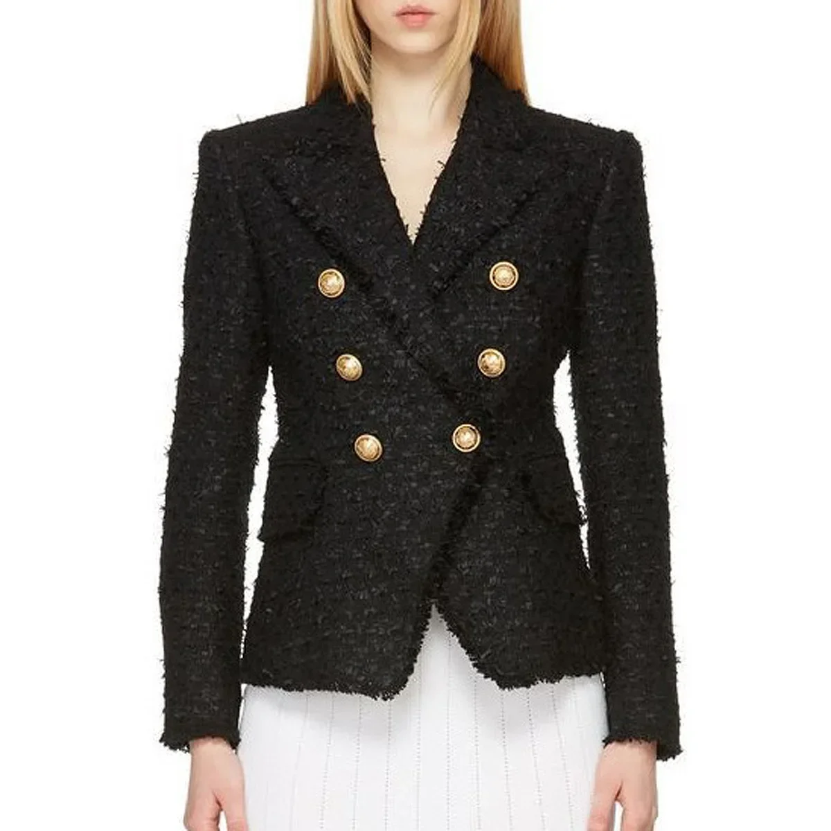 

2024 Spring Classic Luxury Metal Lion's Head Buckle Elegant Women's Blazers High Quality Tweed Black Slim Fit Suit Autumn