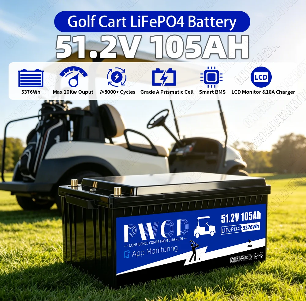 PWOD 48V 105Ah 100AH LiFePO4 Battery, Bluetooth Real-Time Monitoring Golf Cart Battery With Charger, 200A BMS,3A Active Balancing, MAX.5,376Wh, Low-Temp Protection, Rechargeable Lithium Battery
