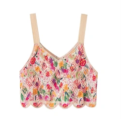 Sequin Floral Print Crochet Top Strappy V-Neck Crop Tank Cami Women Teen-girl Summer Fairycore Cottagecore Boho Beach Outfit