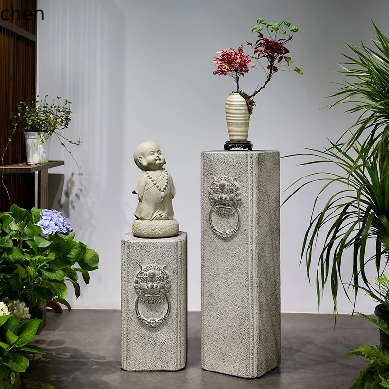 

HTT New Chinese Style Entrance Decoration Ornament Imitation Stone Pillar Base Office Vintage Display Stand Garden Bonsai Rack