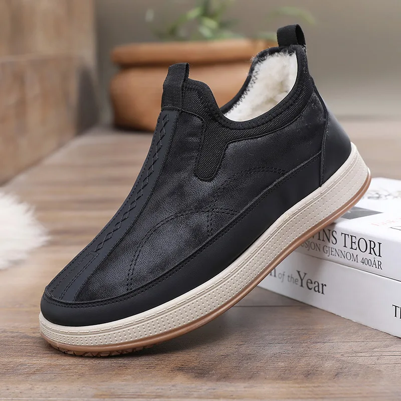 Men's Winter Thickened Woolen Slippers Warm Snow Boots Non-Slip Casual Round Toe Flat Heel Parental Comfortable Home Shoes