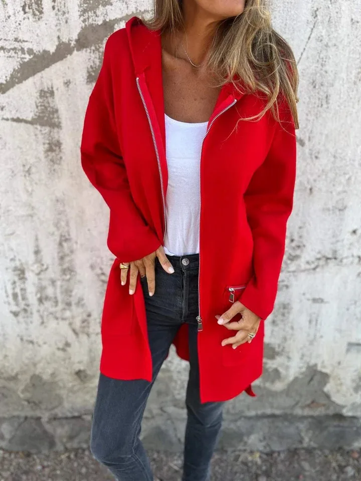 Autumn Winter Casual Zipper Hooded Jacket Women Long Sleeve Cardigan Coat Women's Windbreaker Casual Straight Jackets Red Coats