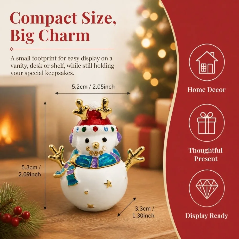 Metal Alloy Snowman Trinket Box Enamel Coating Magnetic Closure Metal Jewelry Holder Crystal Embellishment Hinged Lid