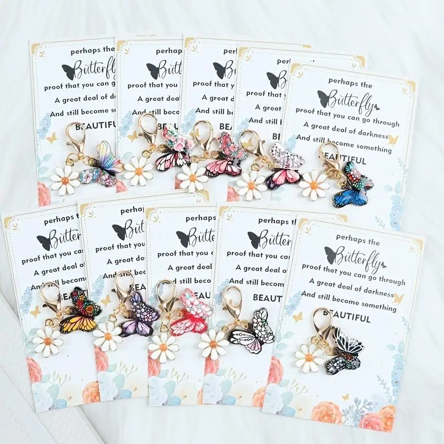 1/5/10/20/50/100pcs Gift for Her/Him 10 Charming Butterfly and Flower Keychains, Accompanied by Encouraging Greeting Cards, Are
