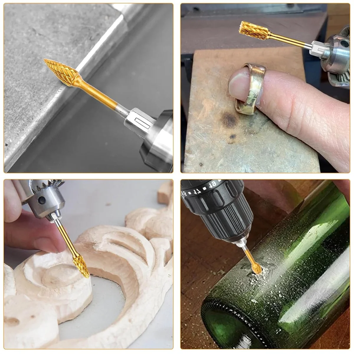 Y31A 10 Pcs 1/4Inch Carbide Burr Set, Double Cut Die Grinder Bits Rotary Burrs Tool Set with Box for Metal, Wood, Stone