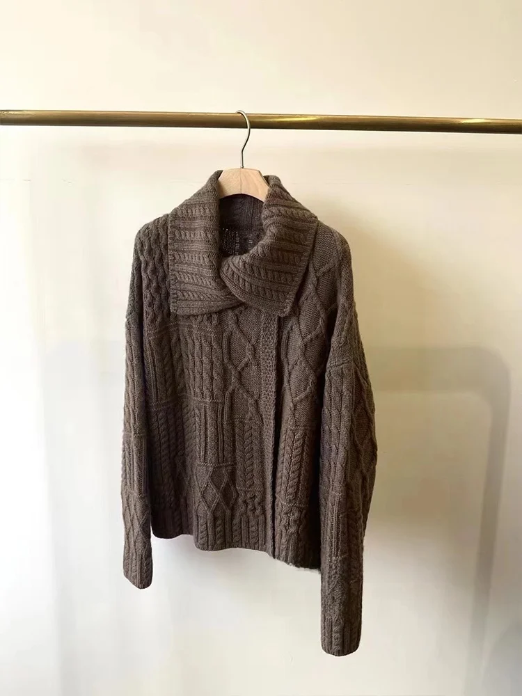 

Женский вязаный свитер в стиле ретро с воротником 3D Twist High Weight Camere Brown Long Sve Открытый кардиган стандартного кроя