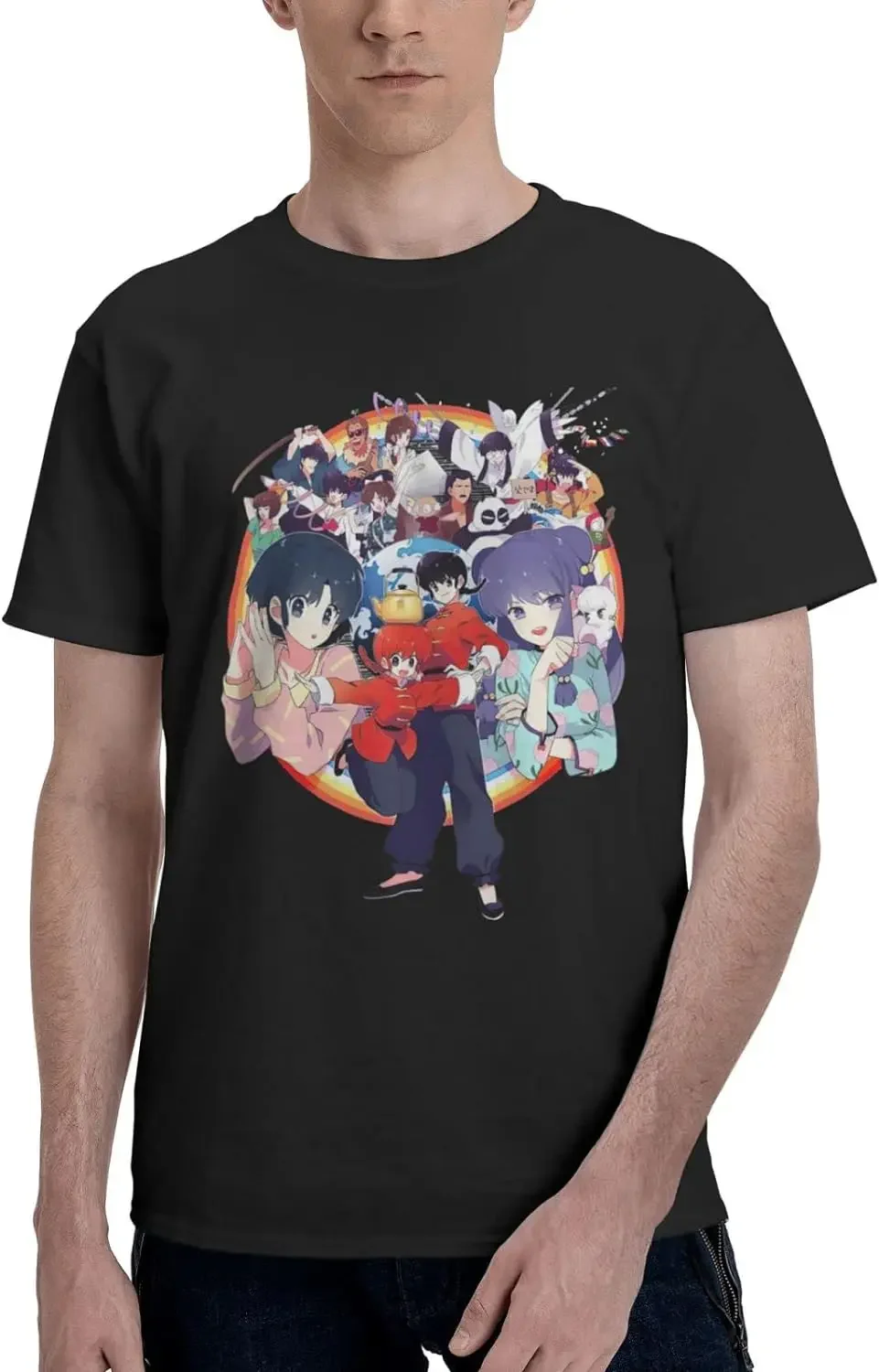 Anime Ranma ½ Shirt Cotton Crew Neck Fashion Tshirt for Man Black